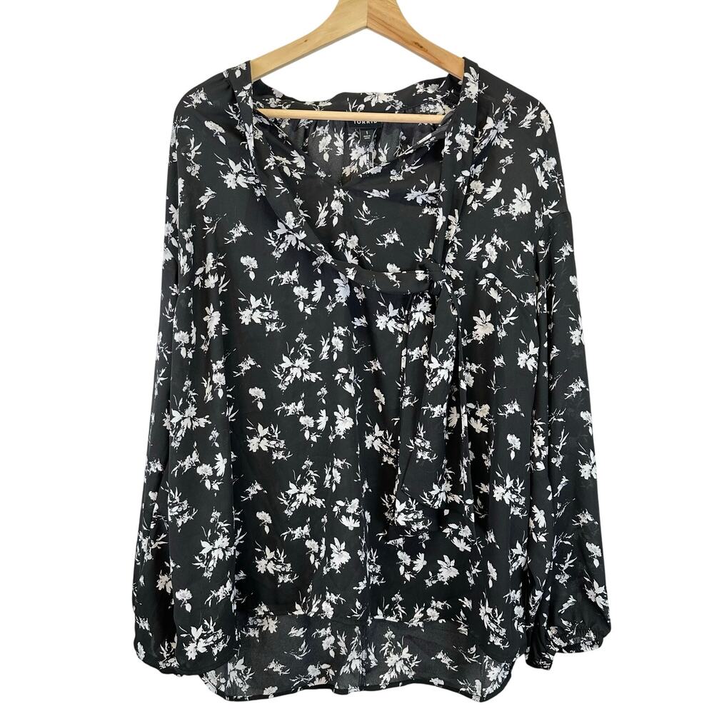 Torrid Georgette Tie Front Cold Shoulder Black Floral Blouse Womens Plus 1
